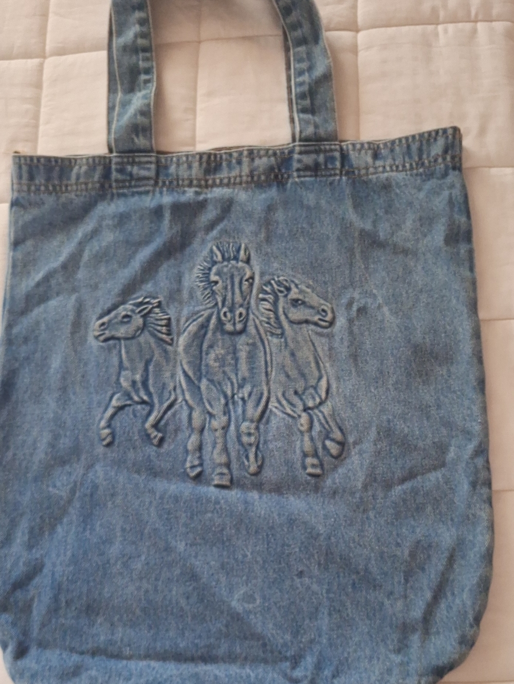 Denim Tote Bag with Embroidered Running Horses